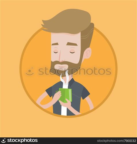 Hipster man drinking hot flavored coffee. Young man holding cup of coffee with steam. Man with his eyes closed enjoying coffee. Vector flat design illustration in the circle isolated on background.. Man enjoying cup of hot coffee vector illustration