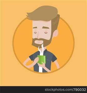 Hipster man drinking hot flavored coffee. Young man holding cup of coffee with steam. Man with his eyes closed enjoying coffee. Vector flat design illustration in the circle isolated on background.. Man enjoying cup of hot coffee vector illustration