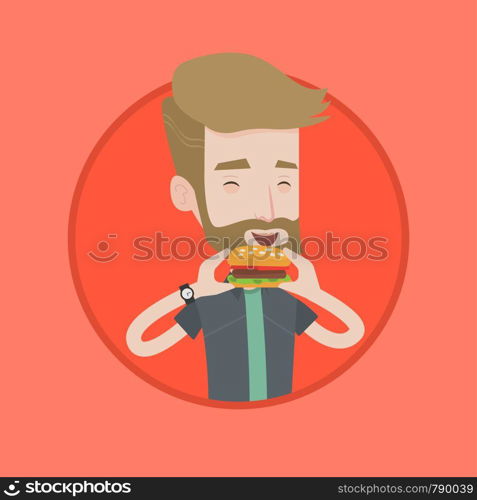 Hipster man eating hamburger. Happy man with eyes closed biting hamburger. Young smiling man is about to eat delicious hamburger. Vector flat design illustration in the circle isolated on background.. Man eating hamburger vector illustration.