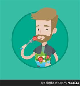Hipster man eating healthy vegetable salad. Young man enjoying fresh vegetable salad. Man holding bowl full of organic salad. Vector flat design illustration in the circle isolated on background.. Man eating healthy vegetable salad.