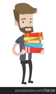 Hipster man holding a pile of educational books in hands. Smiling student carrying huge stack of books. Student holding pile of books. Vector flat design illustration isolated on white background.. Man holding pile of books vector illustration.