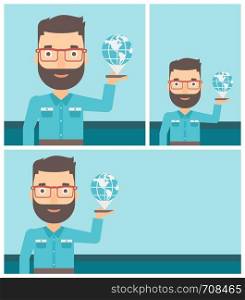 Hipster man holding a smartphone with a model of planet earth above the device. International technology communication concept. Vector flat design illustration. Square, horizontal, vertical layouts.. International technology communication.