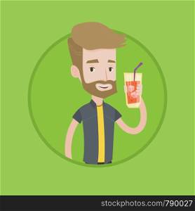 Hipster man holding cocktail glass with drinking straw. Joyful man drinking cocktail. Caucasian man celebrating with cocktail. Vector flat design illustration in the circle isolated on background.. Man drinking cocktail vector illustration.