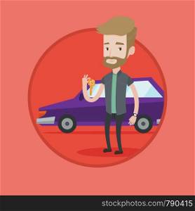 Hipster man holding keys to his new car. Happy man showing key to his new car. Young man standing on the backgrond of his new car. Vector flat design illustration in the circle isolated on background.. Man holding keys to his new car.
