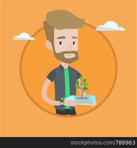 Hipster man holding plastic bottle with plant growing inside. Man holding plastic bottle used as plant pot. Recycling concept. Vector flat design illustration in the circle isolated on background.. Man holding plant growing in plastic bottle.