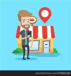 Hipster man holding smartphone with mobile app for looking for restaurant. Young man using smartphone on a background of restaurant with map pointer. Vector flat design illustration. Square layout.. Man looking for restaurant in his smartphone.