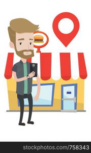 Hipster man holding smartphone with mobile app for looking for restaurant. Young man using smartphone app for searching of restaurants. Vector flat design illustration isolated on white background.. Man looking for restaurant in his smartphone.