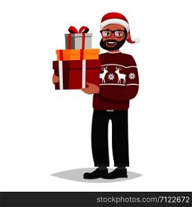 Hipster man in glasses with beard dressed in a sweater and a Christmas hat is holding presents. New Year's sale. Vector illustration in cartoon style