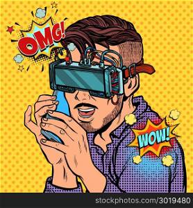 hipster man in virtual reality glasses talking on the phone. Pop art retro vector illustration comic cartoon vintage kitsch. hipster man in virtual reality glasses talking on the phone