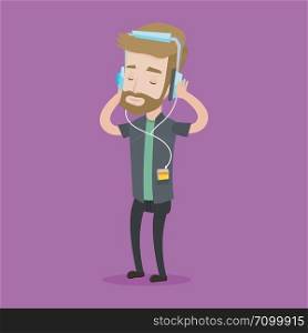 Hipster man listening to music on his smartphone. Young caucasian man in headphones listening to music. Relaxed man with eyes closed enjoying music. Vector flat design illustration. Square layout.. Young man in headphones listening to music.
