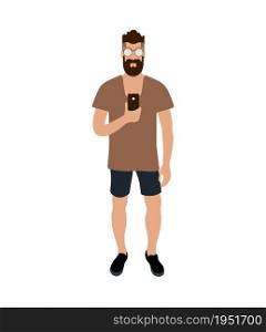 Hipster man making selfie. Cartoon character with beard in brown t-shirt and black shirts. EPS 10. Hipster man making selfie. Cartoon character with beard in brown t-shirt and black shirts. EPS 10 Vector.