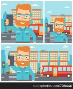 Hipster man making selfie. Man taking photo with cellphone. Man looking at smartphone and taking selfie on a background of city. Vector flat design illustration. Square, horizontal, vertical layouts.. Man making selfie vector illustration.