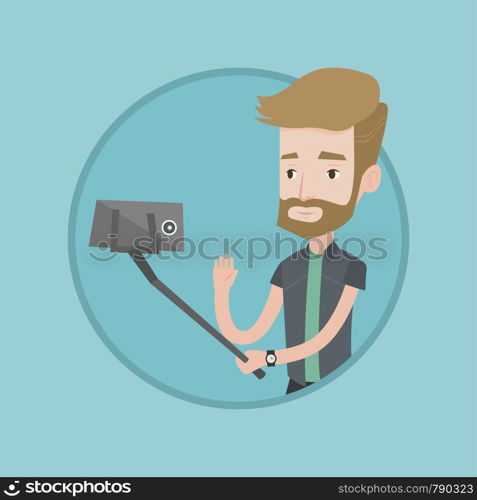 Hipster man making selfie with a stick. Man making photo with a selfie-stick. Young man making selfie and waving his hand. Vector flat design illustration in the circle isolated on background.. Man making selfie vector illustration.