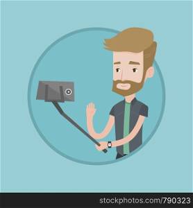 Hipster man making selfie with a stick. Man making photo with a selfie-stick. Young man making selfie and waving his hand. Vector flat design illustration in the circle isolated on background.. Man making selfie vector illustration.