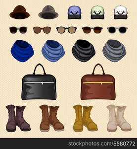 Hipster man male accessories pack design elements isolated vector illustration