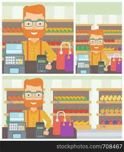 Hipster man paying wireless with his smart watch at the supermarket. Male customer making payment for purchase with smart watch. Vector flat design illustration. Square, horizontal, vertical layouts.. Man paying wireless with smart watch.