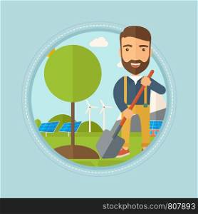 Hipster man plants a tree. Man standing with shovel near newly planted tree on the background of wind turbines and solar panels. Vector flat design illustration in the circle isolated on background.. Man plants tree vector illustration.