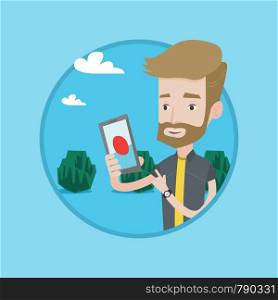 Hipster man playing action game on smartphone. Man playing with his mobile phone outdoor. Man using smartphone for playing games. Vector flat design illustration in the circle isolated on background.. Man playing action game on smartphone.