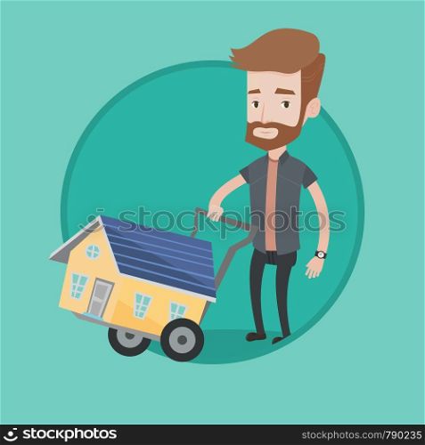 Hipster man pushing shopping trolley with house. Young caucasian man buying home. Man using shopping trolley to transport house. Vector flat design illustration in the circle isolated on background.. Young man buying house vector illustration.