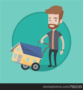 Hipster man pushing shopping trolley with house. Young caucasian man buying home. Man using shopping trolley to transport house. Vector flat design illustration in the circle isolated on background.. Young man buying house vector illustration.
