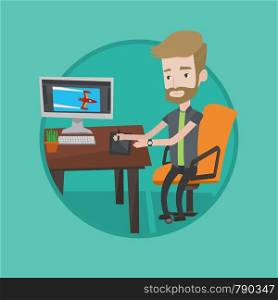 Hipster man sitting at desk and drawing on graphics tablet. Young graphic designer using digital graphics tablet, computer and pen. Vector flat design illustration in the circle isolated on background. Designer using digital graphics tablet.