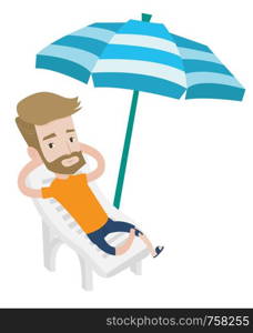 Hipster man sitting in a beach chair. Man resting on holiday while sitting under umbrella on a beach chair. Man relaxing on a beach chair. Vector flat design illustration isolated on white background.. Man relaxing on beach chair vector illustration.