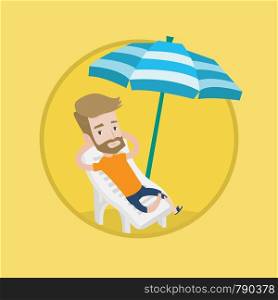 Hipster man sitting in a chaise longue at the beach. Young happy man resting on holiday while sitting under umbrella at the beach. Vector flat design illustration in the circle isolated on background.. Man relaxing on beach chair vector illustration.