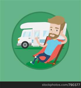 Hipster man sitting in folding chair and giving thumb up on the background of camper van. Man enjoying vacation in camper van. Vector flat design illustration in the circle isolated on background.. Man sitting in chair in front of camper van.