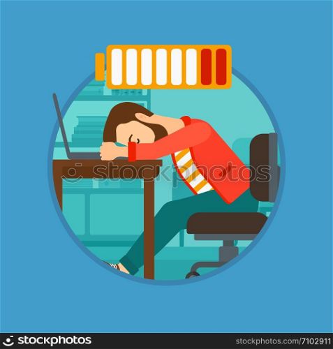 Hipster man sleeping at workplace on laptop keyboard and low power battery sign over his head. Man sleeping in the office. Vector flat design illustration in the circle isolated on background.. Man sleeping on workplace.