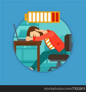 Hipster man sleeping at workplace on laptop keyboard and low power battery sign over his head. Man sleeping in the office. Vector flat design illustration in the circle isolated on background.. Man sleeping on workplace.