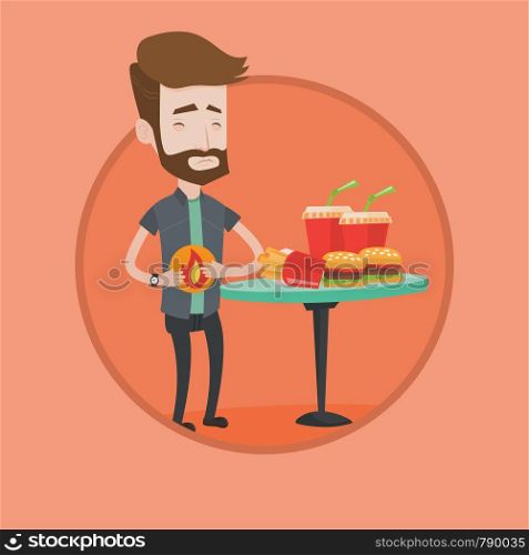 Hipster man suffering from heartburn. Caucasian man having stomach ache from heartburn. Man having stomach ache after fast food. Vector flat design illustration in the circle isolated on background.. Man suffering from heartburn vector illustration.