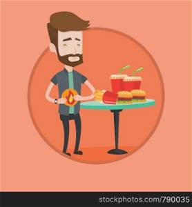 Hipster man suffering from heartburn. Caucasian man having stomach ache from heartburn. Man having stomach ache after fast food. Vector flat design illustration in the circle isolated on background.. Man suffering from heartburn vector illustration.
