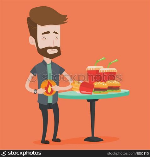 Hipster man suffering from heartburn. Man standing near the table with soda, french fries, hamburgers. Man touching his stomach with burning fire. Vector flat design illustration. Square layout.. Man suffering from heartburn vector illustration.