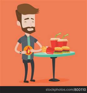 Hipster man suffering from heartburn. Man standing near the table with soda, french fries, hamburgers. Man touching his stomach with burning fire. Vector flat design illustration. Square layout.. Man suffering from heartburn vector illustration.
