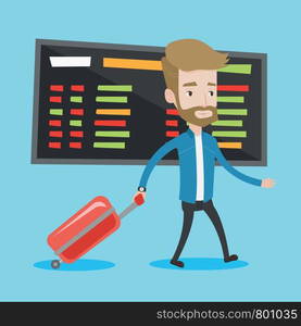 Hipster man walking at the airport. Passenger with suitcase walking on the background of schedule board at the airport. Man pulling suitcase in airport. Vector flat design illustration. Square layout.. Man walking with suitcase at the airport.