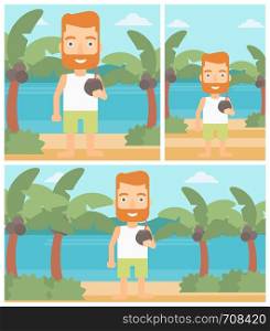 Hipster man with a coconut cocktail on the beach. Young man drinking a coconut cocktail on the beach. Man enjoying his vacation. Vector flat design illustration. Square, horizontal, vertical layouts.. Man drinking coconut cocktail on the beach.