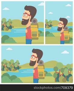 Hipster man with backpack enjoying the view of landscape with mountains and lake. Vector flat design illustration. Square, horizontal, vertical layouts.. Man with backpack hiking vector illustration.