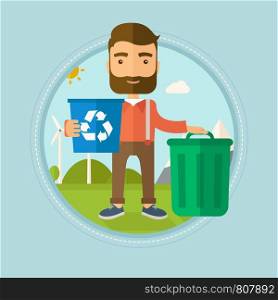 Hipster man with beard carrying recycling bin. Man with recycling bin standing near a trash can on the background of wind turbine. Vector flat design illustration in the circle isolated on background.. Man with recycle bin and trash can.