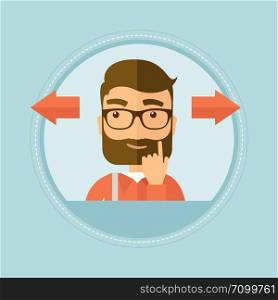 Hipster man with beard choosing career way or solution of a business problem. Young man with two arrows in different directions. Vector flat design illustration in the circle isolated on background.. Man choosing career way or business solution.