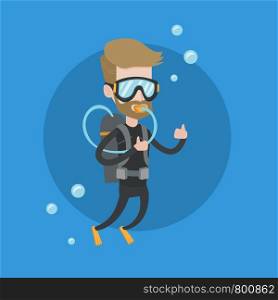 Hipster man with beard diving with scuba and showing ok sign. Young caucasian man in diving suit snorkeling and giving thumb up. Man enjoying the dive. Vector flat design illustration. Square layout.. Man diving with scuba and showing ok sign.