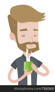 Hipster man with beard drinking hot flavored coffee. Young man holding cup of coffee with steam. Man with his eyes closed enjoying coffee. Vector flat design illustration isolated on white background.. Man enjoying cup of hot coffee vector illustration