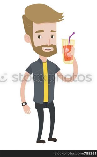 Hipster man with beard holding cocktail glass with drinking straw. Joyful man drinking cocktail. Caucasian man celebrating with cocktail. Vector flat design illustration isolated on white background.. Man drinking cocktail vector illustration.