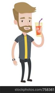 Hipster man with beard holding cocktail glass with drinking straw. Joyful man drinking cocktail. Caucasian man celebrating with cocktail. Vector flat design illustration isolated on white background.. Man drinking cocktail vector illustration.