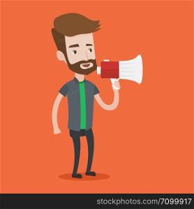 Hipster man with beard holding megaphone. Social media marketing concept. Man promoter speaking into a megaphone. Young man advertising using megaphone. Vector flat design illustration. Square layout.. Young hipster man speaking into megaphone.