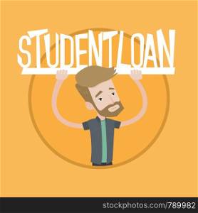 Hipster man with beard holding sign of student loan. Young man carrying heavy sign - student loan. Concept of expensive education. Vector flat design illustration in the circle isolated on background.. Young man holding sign of student loan.