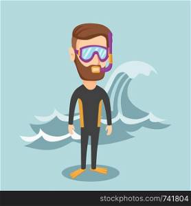 Hipster man with beard in diving suit, flippers, mask and tube standing on the background of a big wave. Young caucasian man enjoying diving. Vector flat design illustration. Square layout.. Young scuba diver vector illustration.