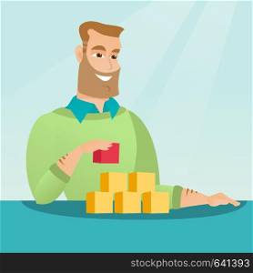 Hipster man with beard making the pyramid of social network. Smiling caucasian man building his social network. Networking and communication concept. Vector flat design illustration. Square layout.. Man building his social network.