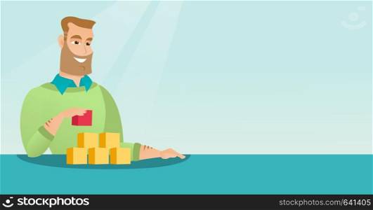 Hipster man with beard making the pyramid of social network. Smiling caucasian man building his social network. Networking and communication concept. Vector flat design illustration. Horizontal layout. Man building his social network.
