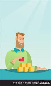 Hipster man with beard making the pyramid of social network. Smiling caucasian man building his social network. Networking and communication concept. Vector flat design illustration. Vertical layout.. Man building his social network.