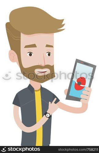 Hipster man with beard playing action game on smartphone. Young man playing with his mobile phone. Man using smartphone for playing games. Vector flat design illustration isolated on white background.. Man playing action game on smartphone